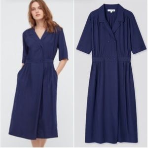Ines de la Fressange Uniqlo Navy Polka Dot Short Sleeve Button Up Dress- Medium
